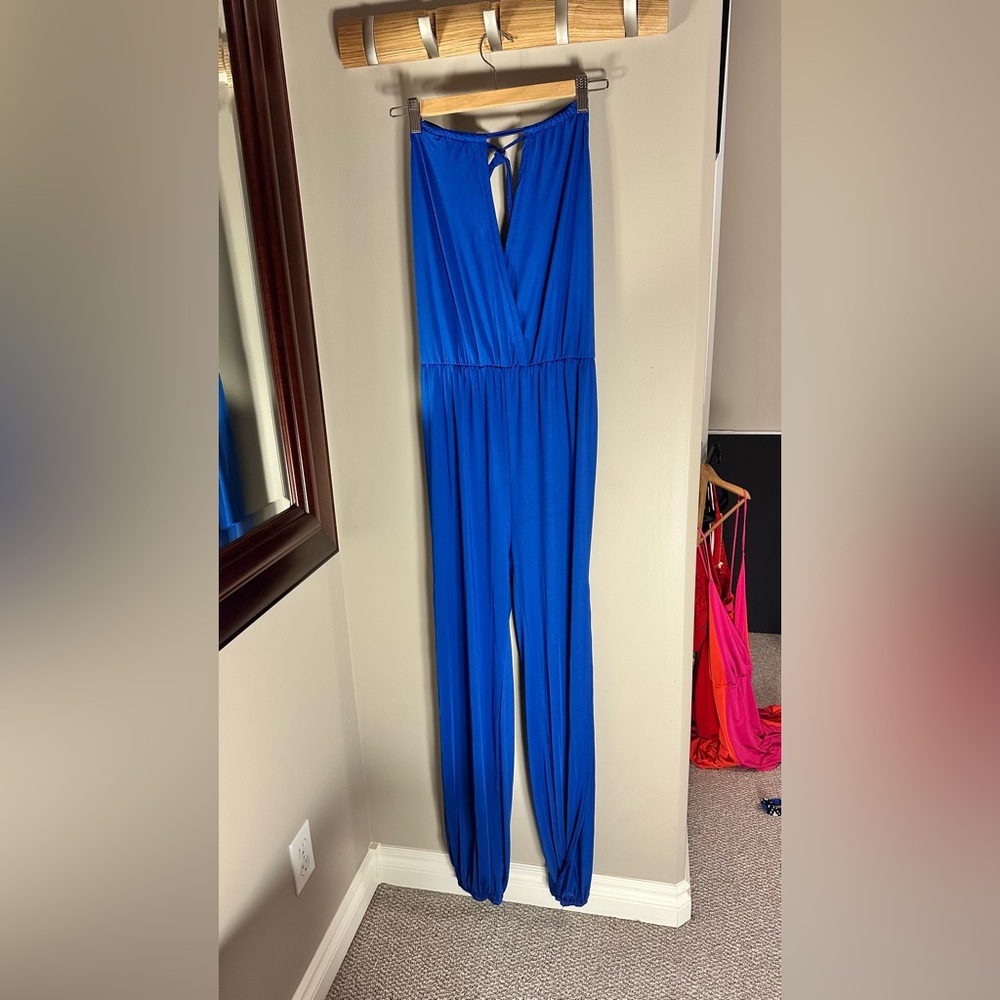 Fashion Nova Blue Jumpsuit with V-Neckline and Sleeveless Design